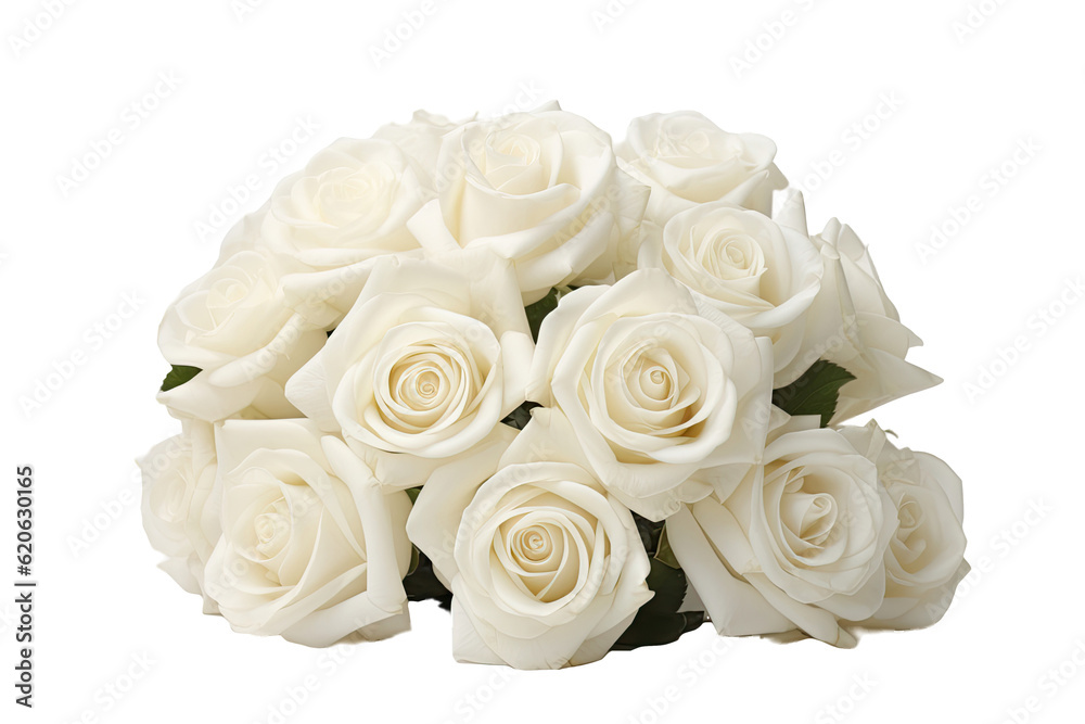 A stunning bunch of white roses on a plain transparent background.