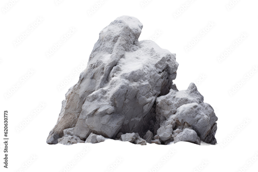 A rock covered in snow stands alone on a transparent background.