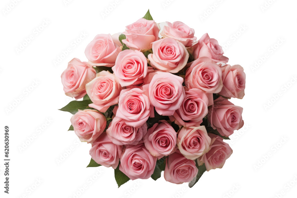 A collection of pink roses arranged in a bouquet, separated from the background by a white space.