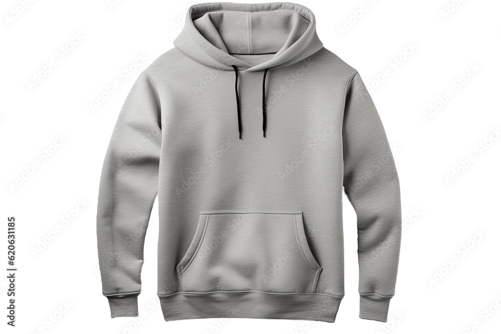 A transparent mens hoodie sweatshirt in gray, with long sleeves and clipping path. The hoodie has a