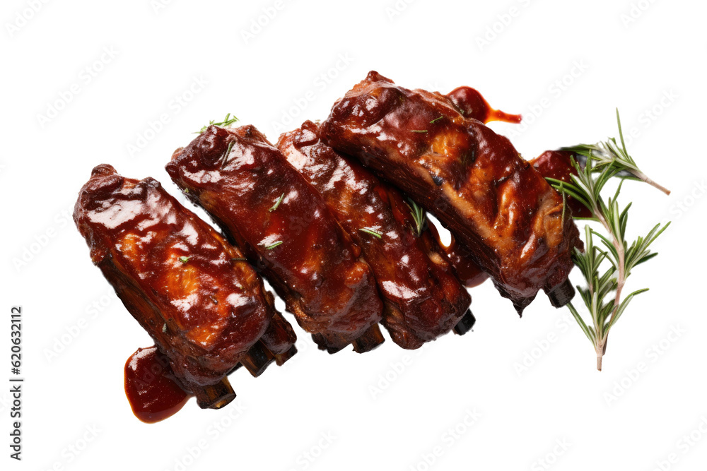 Tasty grilled pork ribs in BBQ sauce seasoned with herbs, showcased on a transparent background.