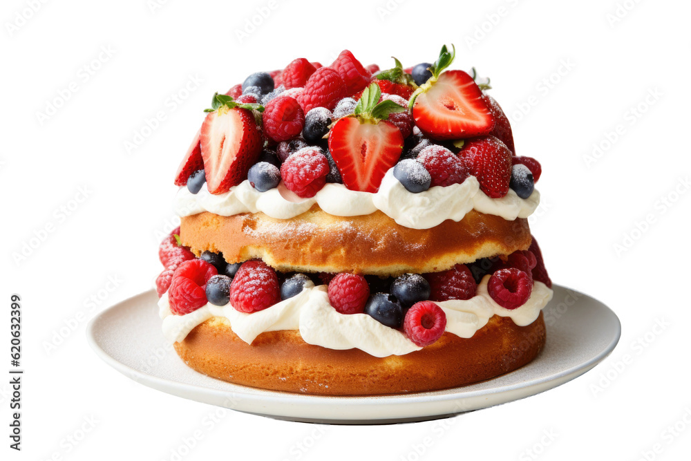 Victoria sponge cake, topped with whipped cream and berries, placed separately on a transparent back