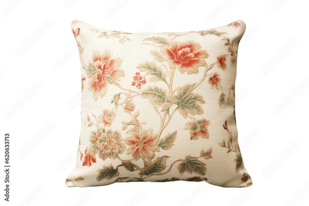 A pillow placed on a transparent background with a clipping path, showing a detailed view.