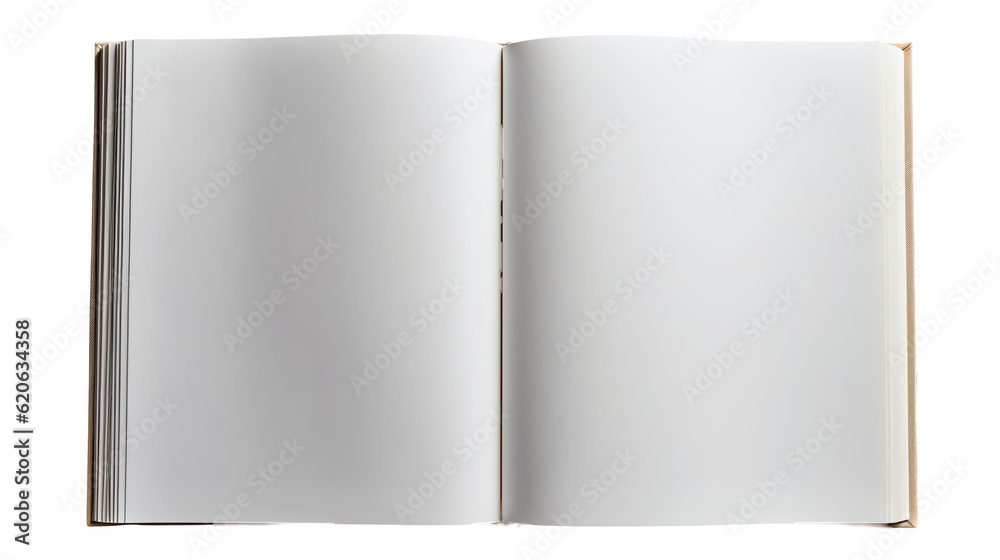 A book with empty pages is seen from the front on a plain transparent background.