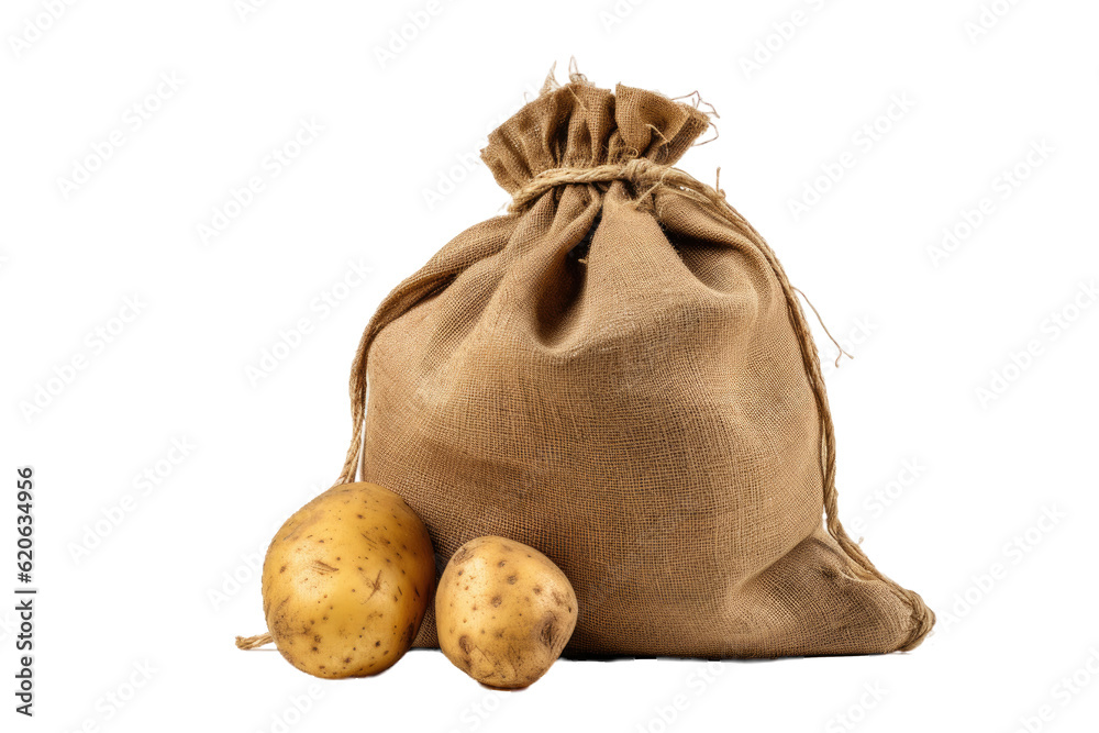 A potato wrapped in a burlap bag, placed on a transparent background, separated from surroundings.