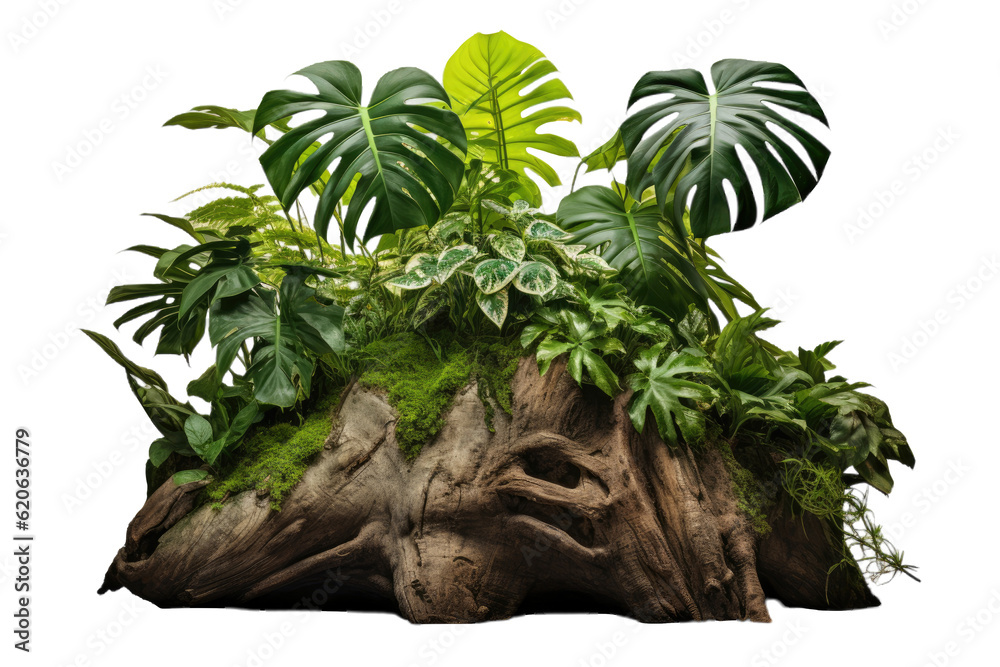 A tree trunk from the jungle with tropical plants on it, including a climbing Monstera (Monstera del