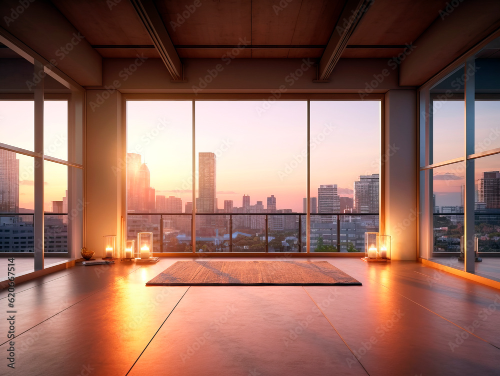 Spacious empty meditation room at sunrise. Generative AI