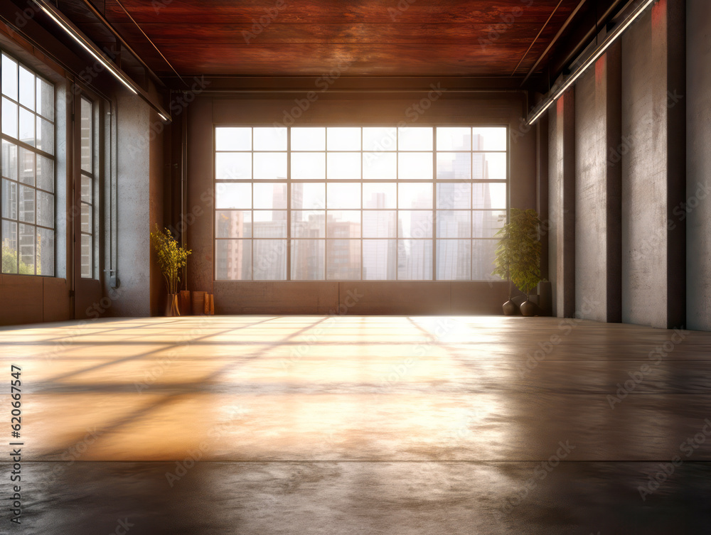 Front view of sunny empty loft interior room with concrete floor. Generative AI