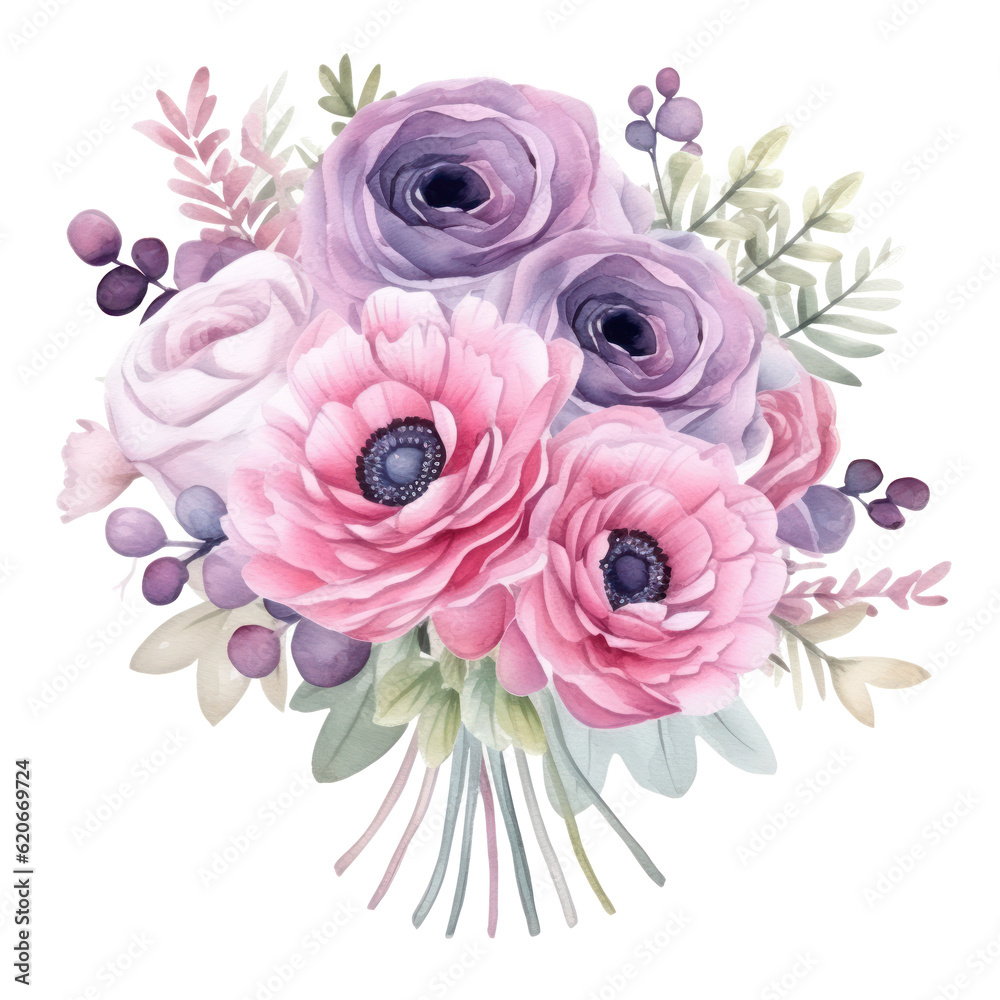 Watercolor cute wedding bouquet. Illustration AI Generative.