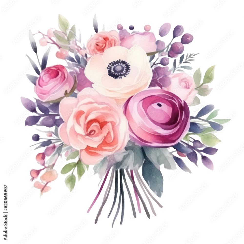 Watercolor cute wedding bouquet. Illustration AI Generative.