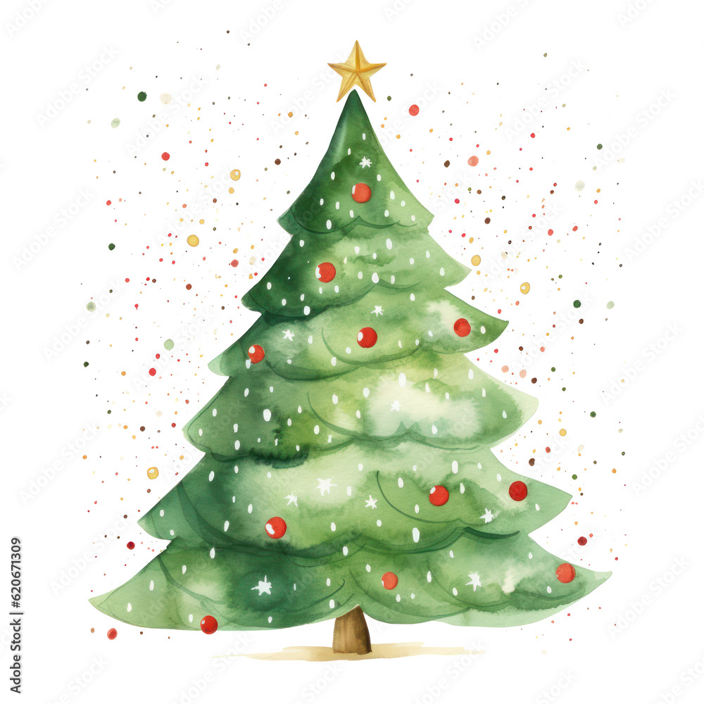 Watercolor Christmas tree. Illustration AI Generative.