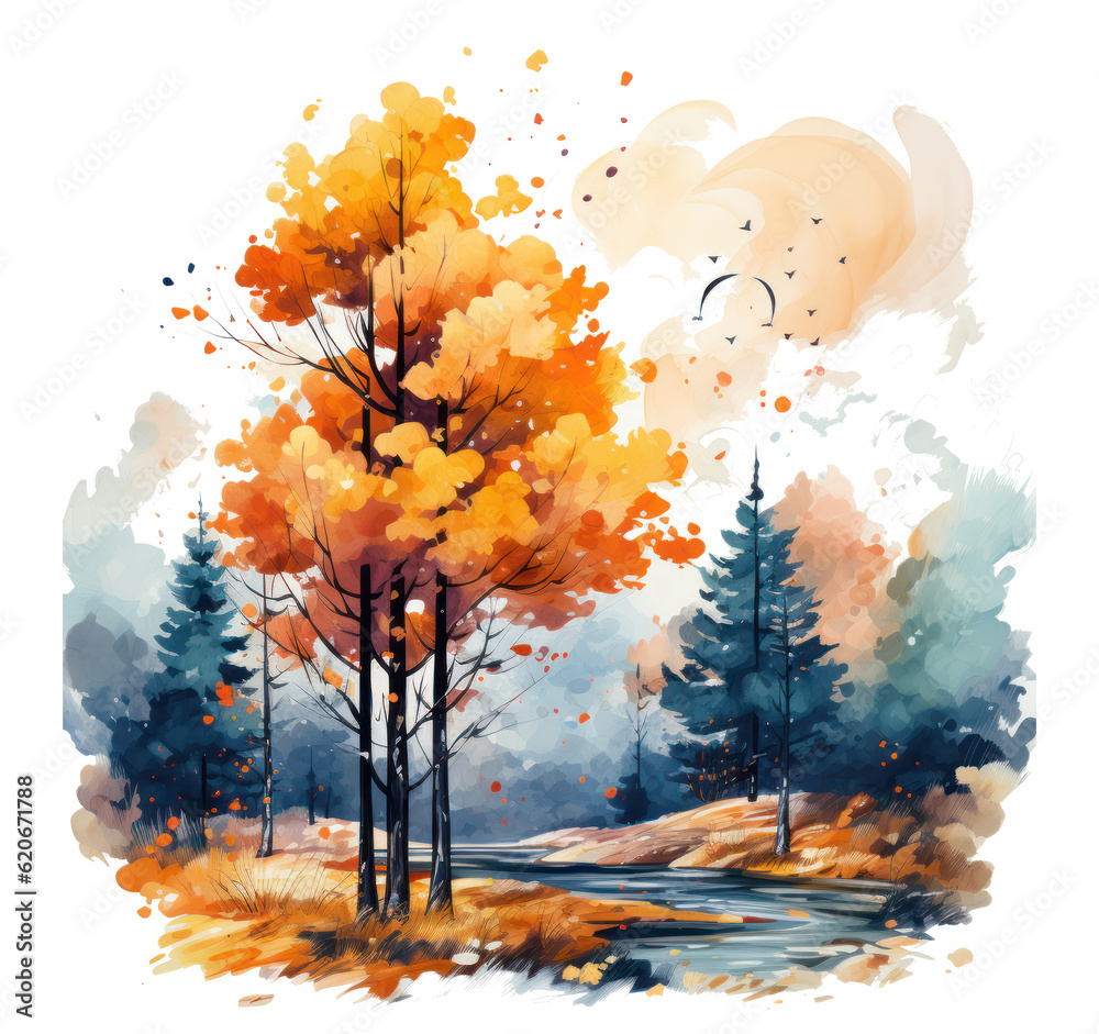 Autumn watercolor background. Illustration AI Generative.