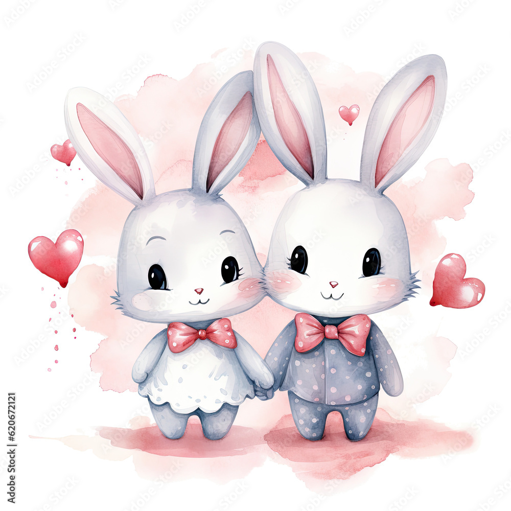 Cute watercolor bunny couple. Illustration AI Generative