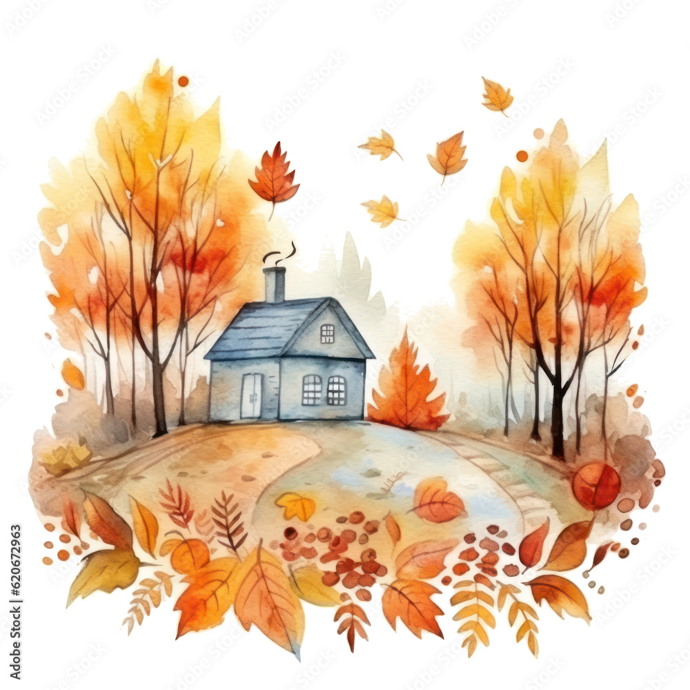 Autumn watercolor background. Illustration AI Generative.