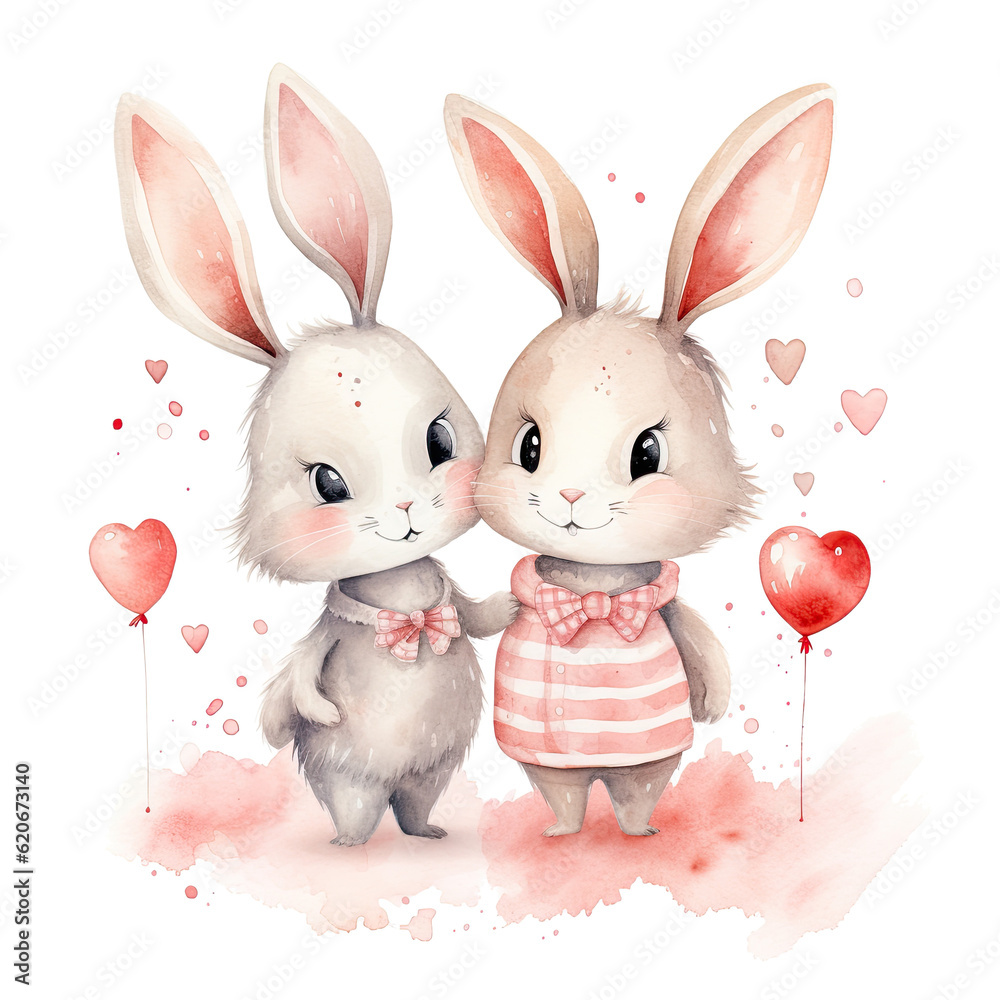 Cute watercolor bunny couple. Illustration AI Generative