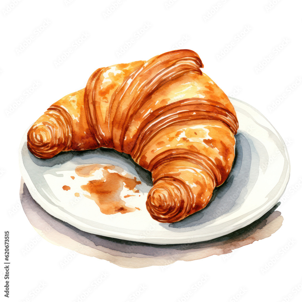 Watercolor croissant isolated. Illustration AI Generative.