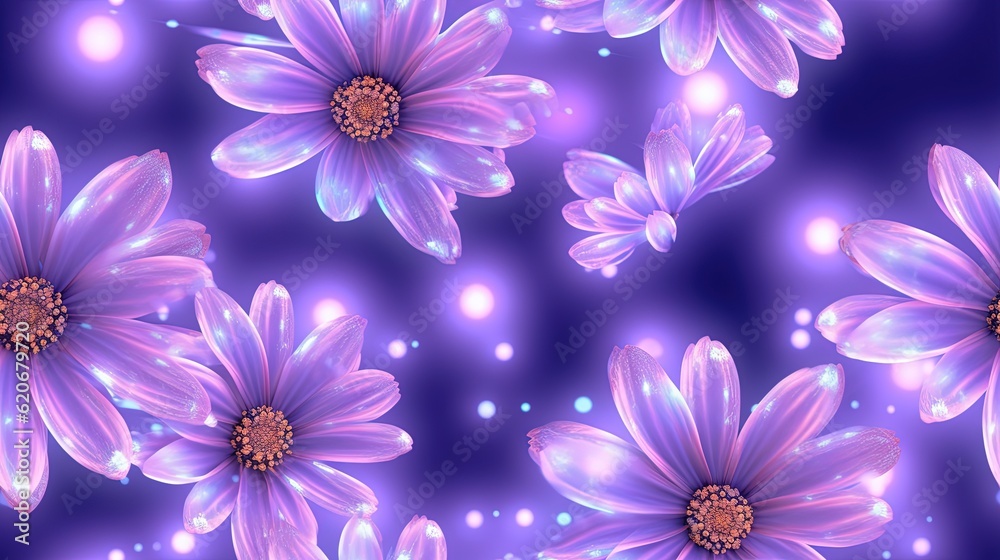  a bunch of purple flowers on a blue background with bubbles and bubbles in the air and a blue backg