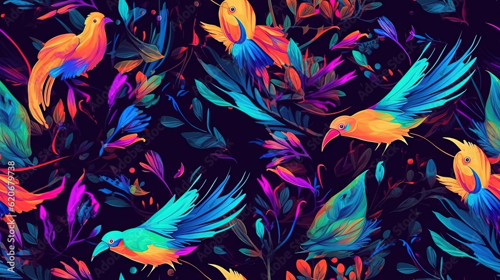  a colorful pattern of birds and leaves on a black background with a blue sky in the background and 