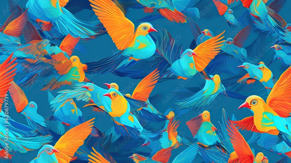  a group of colorful birds flying through the air together on a blue sky background with orange and 