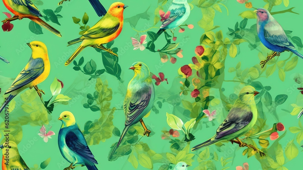  a group of birds sitting on top of a tree branch next to leaves and flowers on a green background w