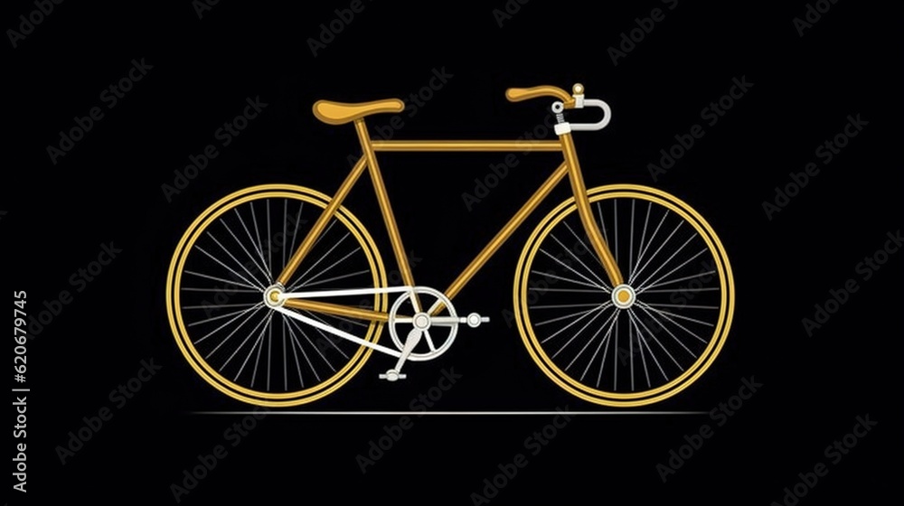  a yellow bicycle on a black background with a white handlebar and a yellow spokes on the front of t