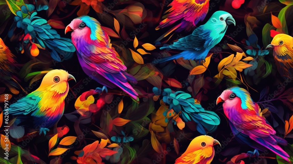  a group of colorful birds sitting on top of a leaf covered tree filled forest next to a forest fill