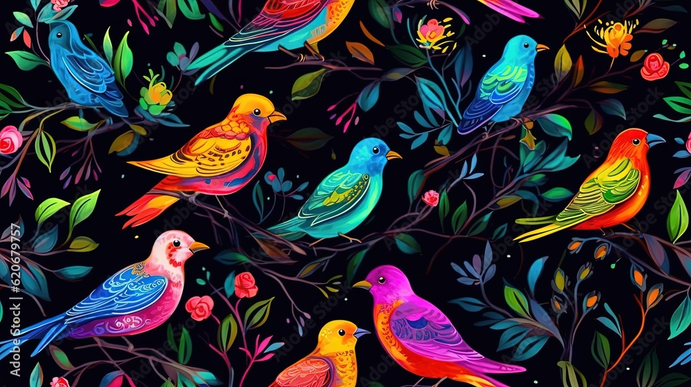  a group of colorful birds sitting on top of a tree filled with leaves and flowers on a black backgr