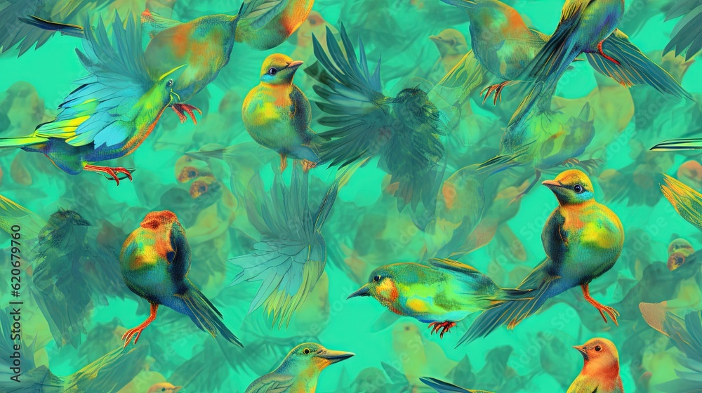  a group of colorful birds flying through the air with leaves in the backgroup of the image in the f