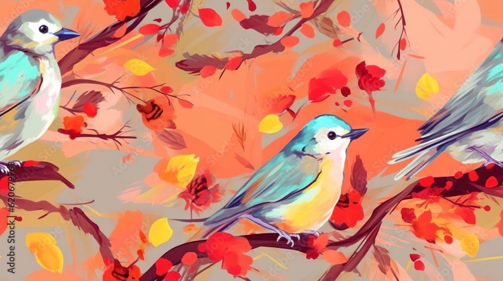  a painting of two birds sitting on a tree branch with autumn leaves and red berries on the branches