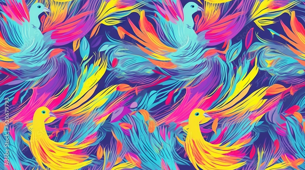  a colorful pattern of birds with different colors on a blue background with a pink, yellow, and blu