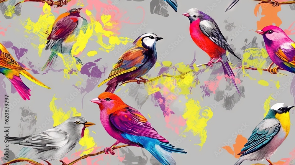  a group of birds sitting on top of a tree branch in a colorful pattern on a gray background with ye