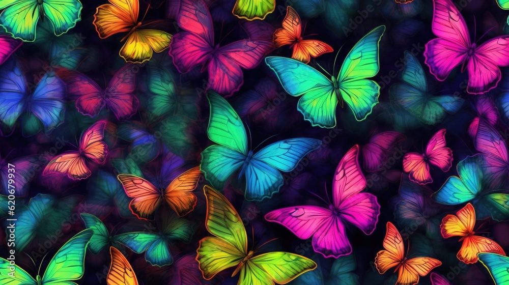  a group of colorful butterflies flying in the air with bright colors on their wings, all of which a