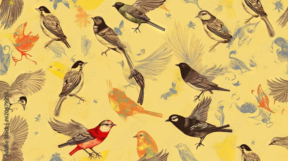  a bunch of birds that are on a yellow background with blue and red feathers on it and a yellow back