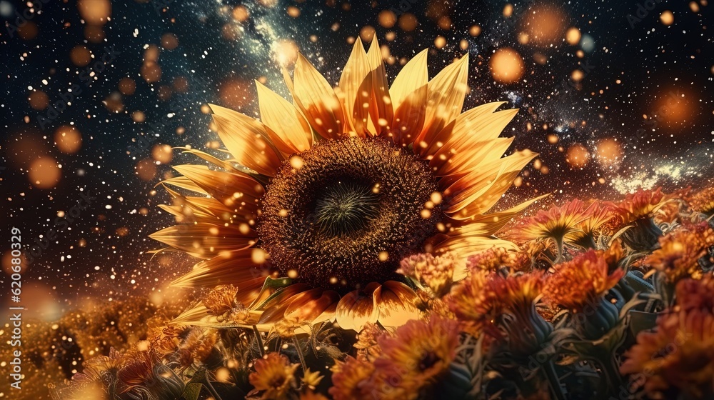  a large sunflower in the middle of a field of flowers with a star filled sky in the background and 