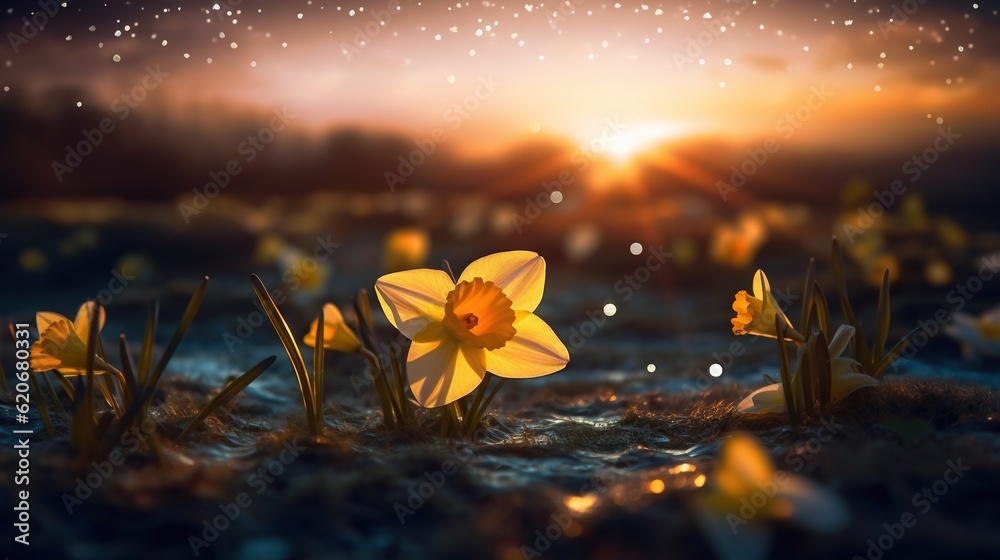  a group of yellow flowers sitting on top of a grass covered field next to a forest filled with star