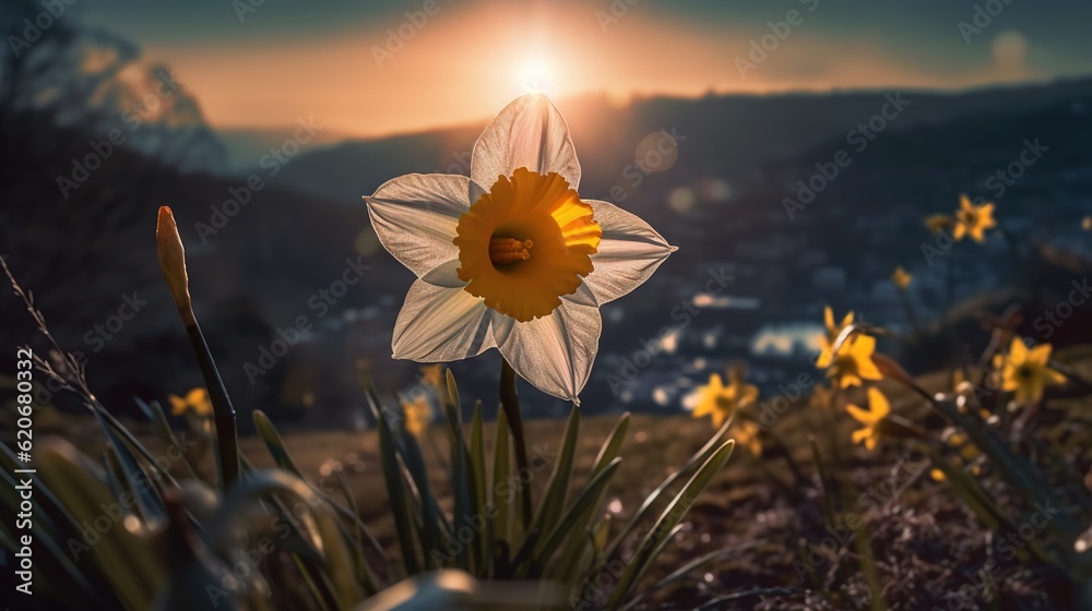  a single daffodil in the middle of a field of daffodils in the background of the sun setting over a