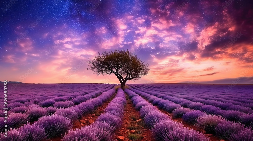  a lone tree in a lavender field under a night sky with stars and clouds in the distance, with a pur