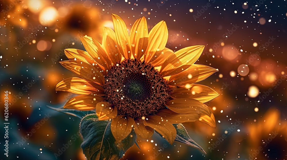  a large sunflower with a blurry background and rain drops on the petals of its petals and leaves i