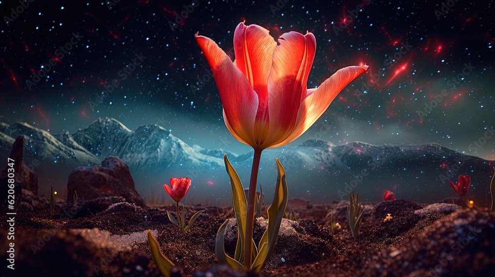  a red flower is in the middle of a rocky area with mountains in the background and stars in the sky