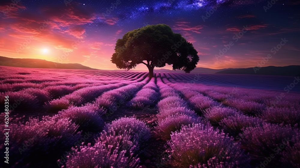  a lone tree in a lavender field at night with the sun setting in the distance and stars in the sky 