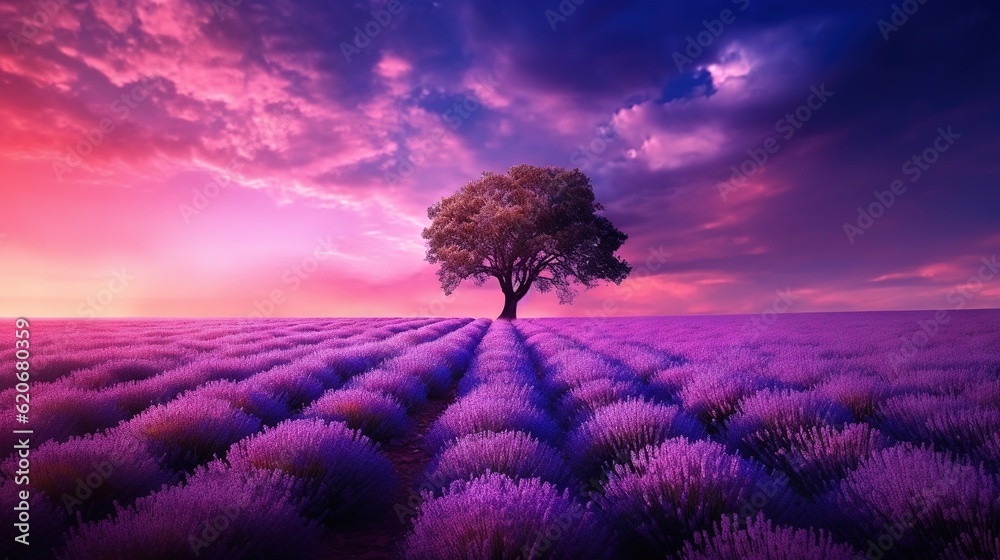  a lone tree stands in a lavender field at sunset with a pink sky and clouds in the background and a