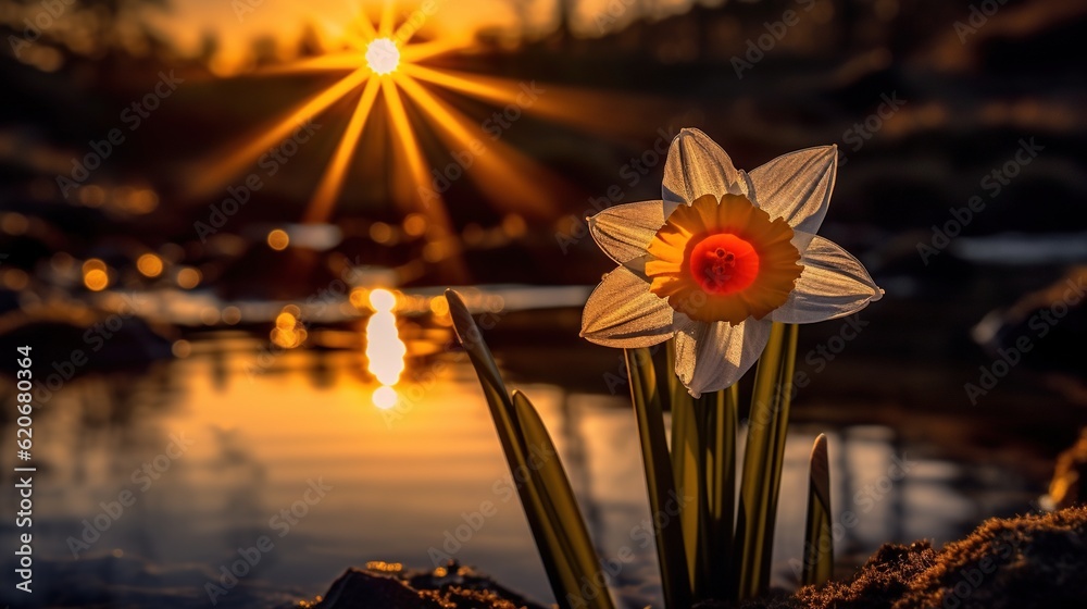  a close up of a flower near a body of water with the sun setting in the background and a body of wa