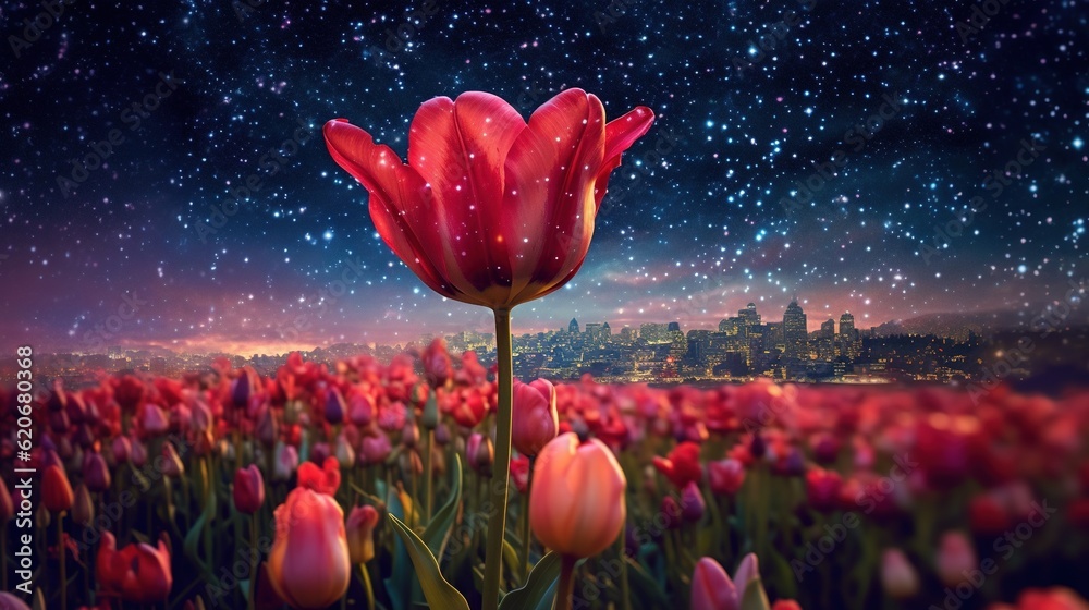  a field full of flowers with a city in the background and stars in the sky above it, with a city in