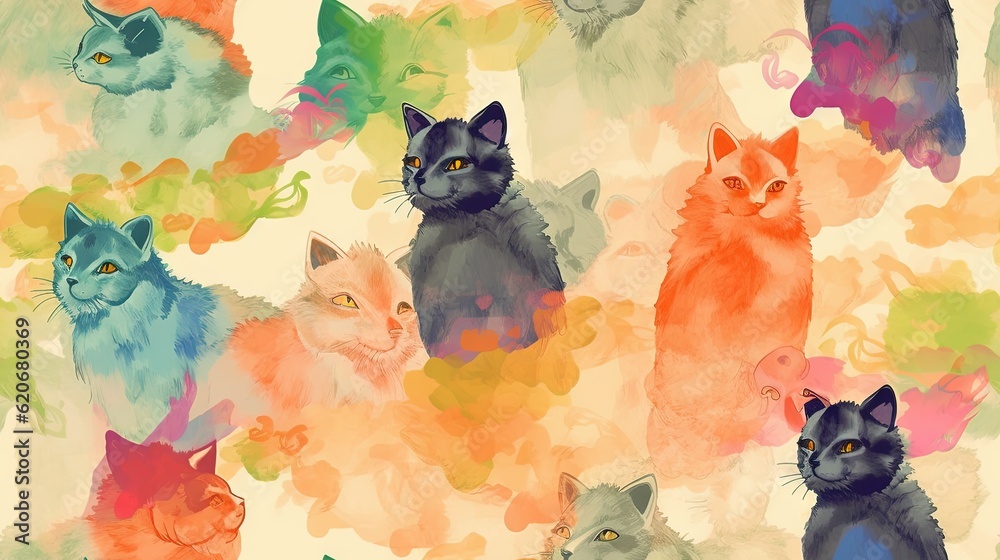  a group of cats sitting next to each other on top of a colorful wallpaper covered in watercolor sta