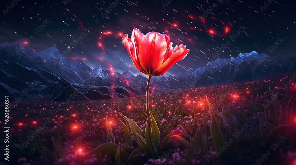  a red flower in the middle of a field with mountains in the background and stars in the sky above i