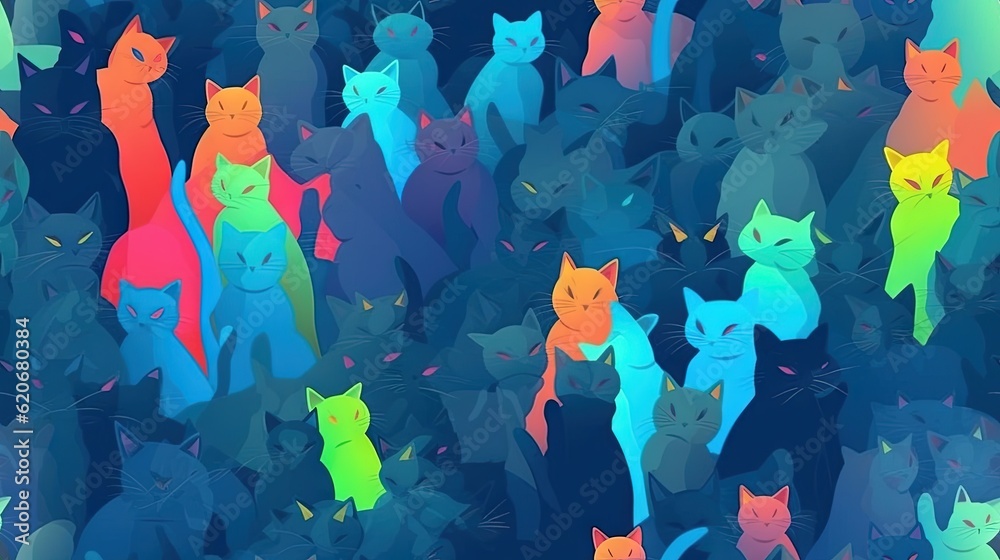  a group of cats that are standing in the dark with colored lights on their heads and tails, all loo