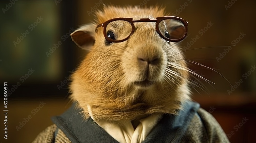  a close up of a rodent wearing a suit and tie with glasses on its head and looking at the camera w