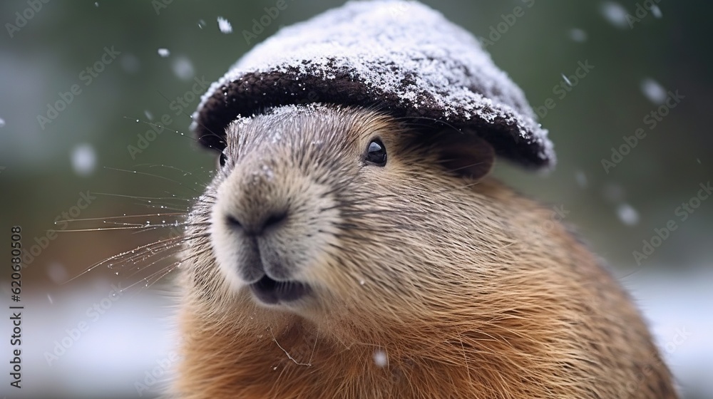  a close up of a capybara wearing a hat in a snow storm with trees in the background and snow fallin