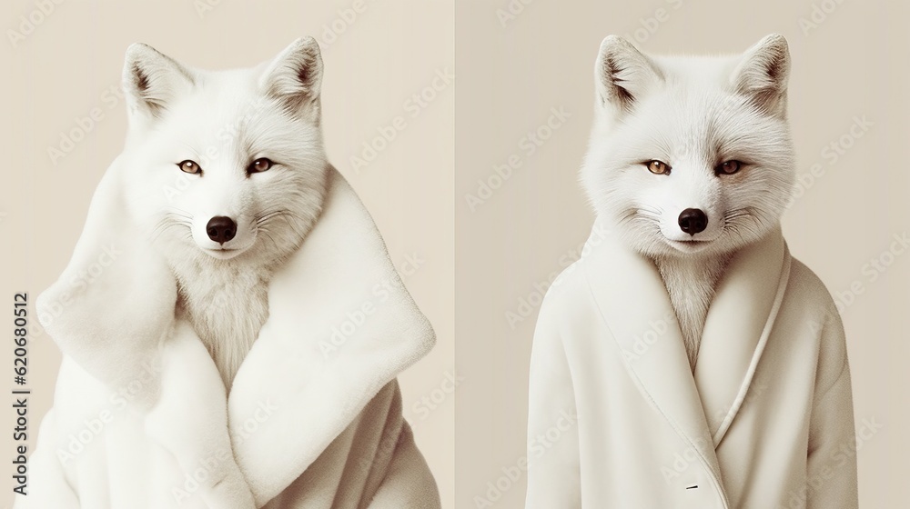  a white fox wrapped in a blanket with eyes wide open and one with a black nose and nose, and the ot