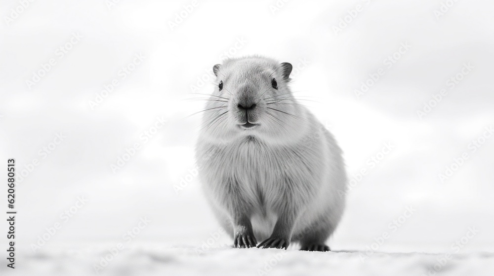  a small rodent standing on top of a snow covered ground in a black and white photo of a rodent look